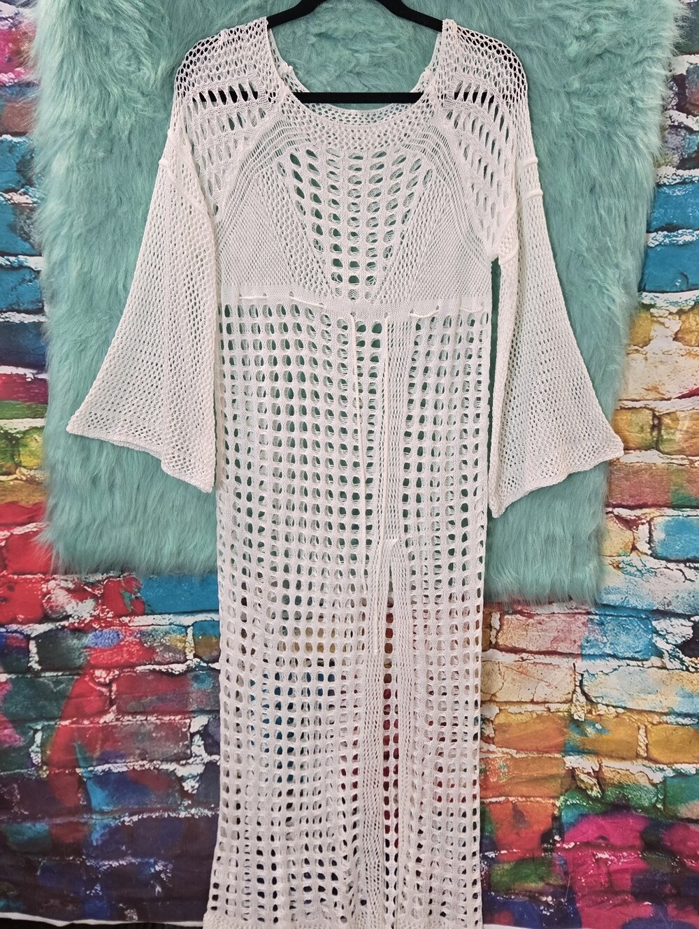 No brand tag White Knit Long Bell Sleeve Sleeve Swimsuit Cover Up Approx S-M - Picture 10 of 11
